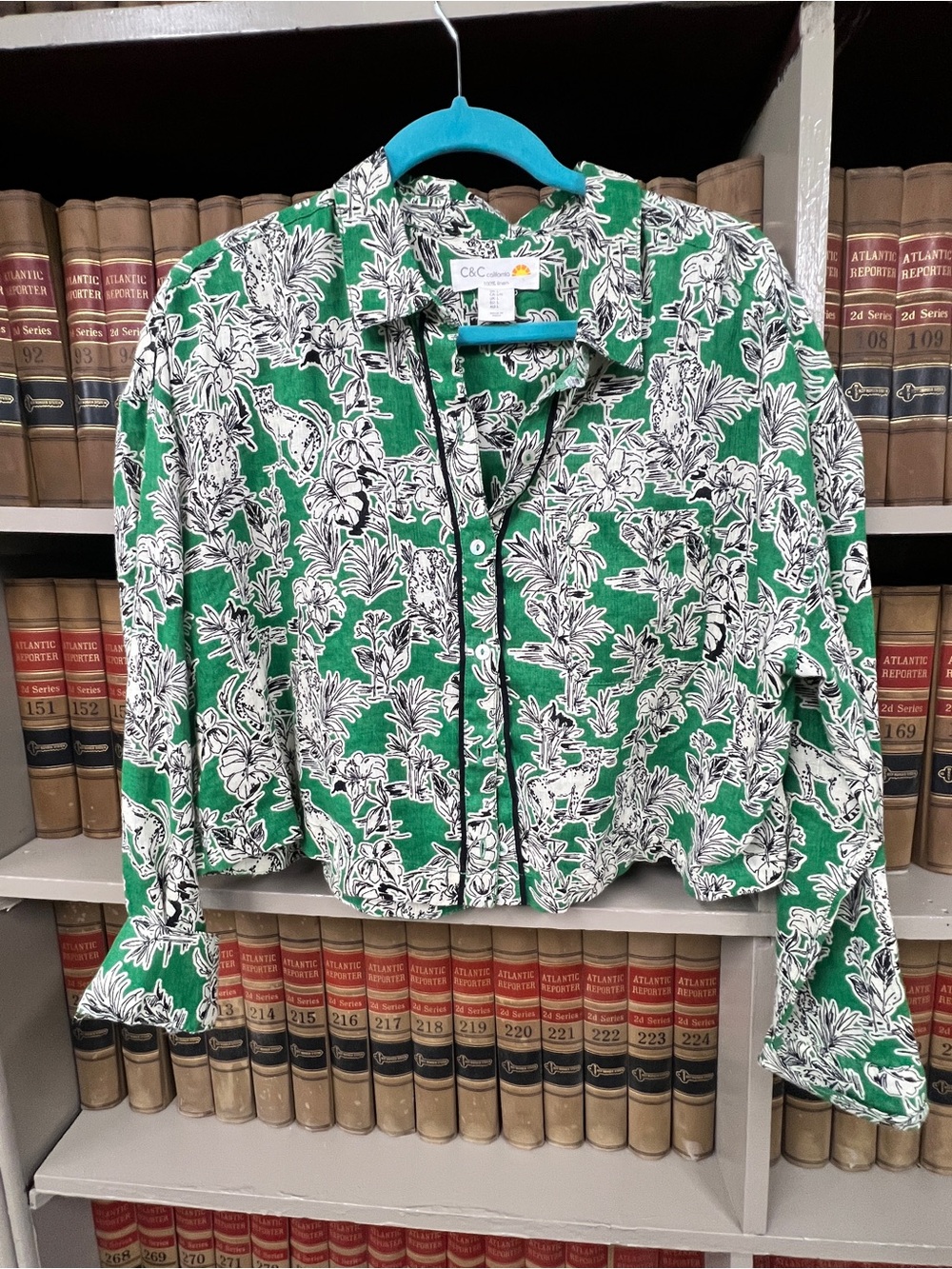 C&C California Green Floral Button-Down Shirt with Black & White Print